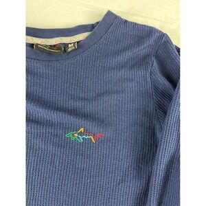 Greg Norman Long Sleeve Waffle Knit Shirt Mens Size M Blue Shark Logo Casual